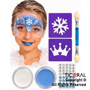 KIT MAQUILLAJE ARTISTICO BLANCO Y CELESTE ( 4 GR) + STENCIL + STRASS + ESFUMINA